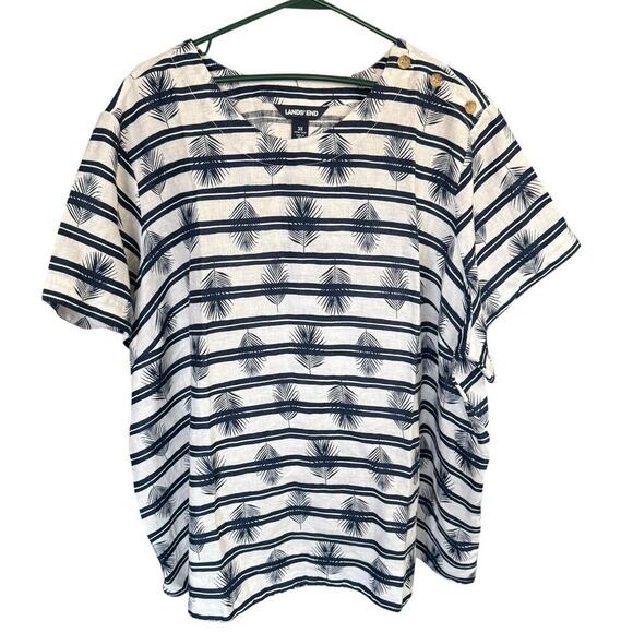LANDS’ END Leaf Stripe Print LINEN White Navy Top 3X Oversized Relaxed Comfy - Picture 1 of 11